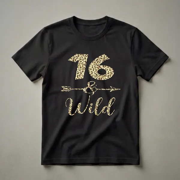 Black t-shirt with '16 and Wild' text and an arrow graphic, all in a leopard print pattern.