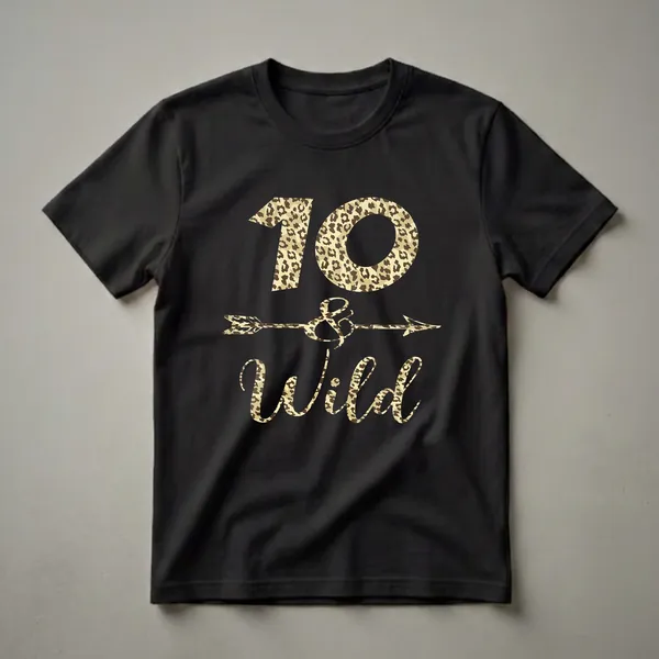 Black t-shirt with the number 10 and the word Wild, both filled with a leopard print pattern, and an arrow through an ampersand in between.