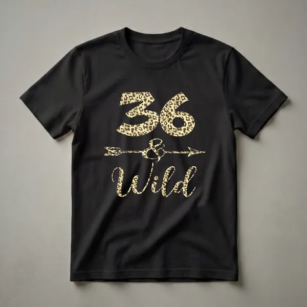 Black t-shirt with "36 and Wild" text and an arrow graphic, all filled with a leopard print pattern.