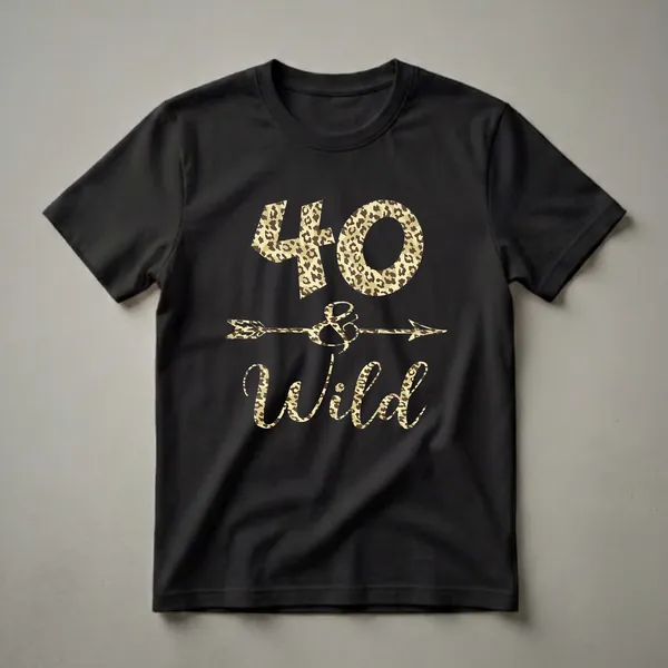 Black graphic t-shirt featuring the numbers 40 and the words "& Wild" in a leopard print pattern, with an arrow design element.