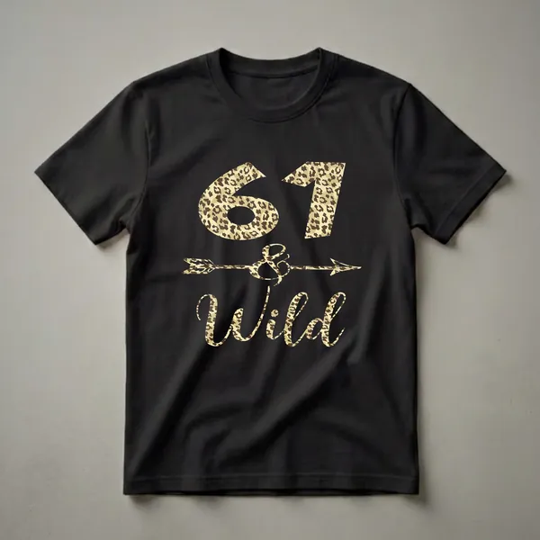Black t-shirt with '61 and Wild' graphic in leopard print, featuring numbers and text with an arrow and ampersand.