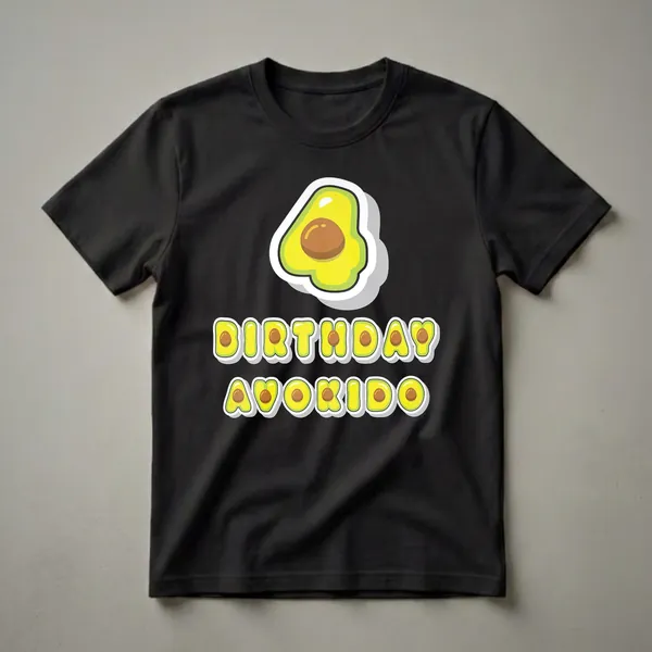 A graphic t-shirt design featuring a sliced avocado shaped like the number 4, with the words 'BIRTHDAY AVOKIDO' below it, all on a black background.