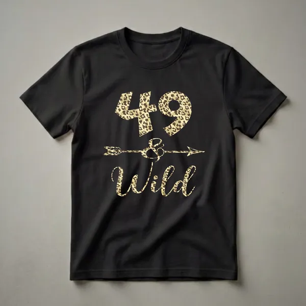 Black t-shirt with '49 and Wild' text and an arrow graphic, all in a leopard print pattern.