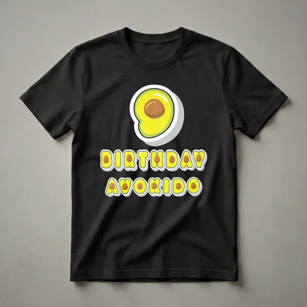 A graphic t-shirt featuring a cartoon avocado and the words 'BIRTHDAY AVOKIDO' in bubbly letters, designed for a 9th birthday celebration.