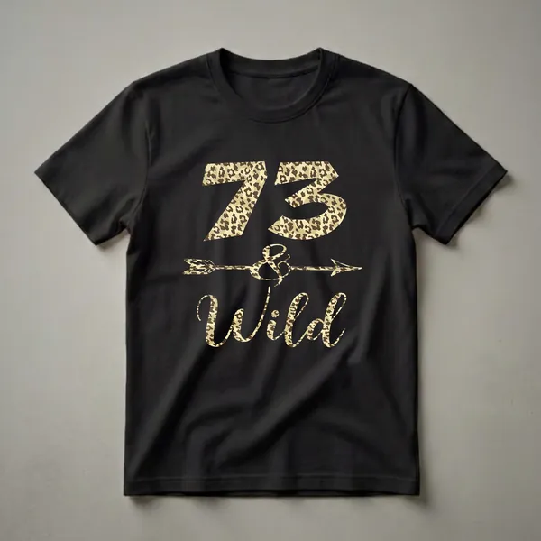 Black t-shirt with '73 & Wild' text and an arrow graphic, all filled with a leopard print pattern. Designed for women celebrating their 73rd birthday.