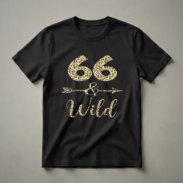 Black t-shirt with '66 and Wild' text and an arrow graphic, all in a leopard print pattern.