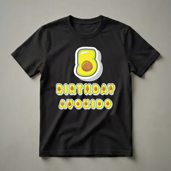 A black t-shirt graphic featuring the number 5 stylized as a cut avocado, with the words BIRTHDAY AVOKIDO below in avocado-themed lettering.