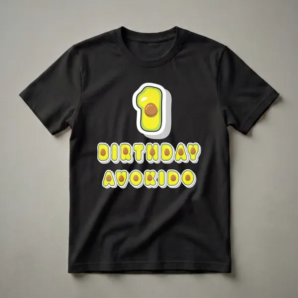 A graphic t-shirt design featuring the number one shaped like a cartoon avocado, with the words 'BIRTHDAY AVOKIDO' below it in avocado-themed lettering.