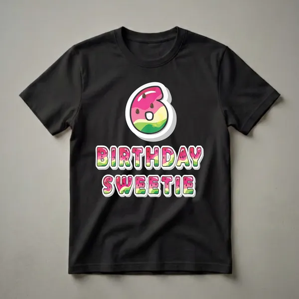 A graphic t-shirt design featuring the number 6 styled as a watermelon slice, with the words 'BIRTHDAY SWEETIE' below, all in a watermelon theme.