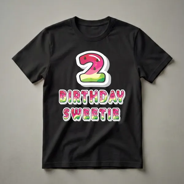 A graphic t-shirt design featuring a large, stylized number '2' with a watermelon pattern, and the words 'BIRTHDAY SWEETIE' below it, also in a watermelon theme.