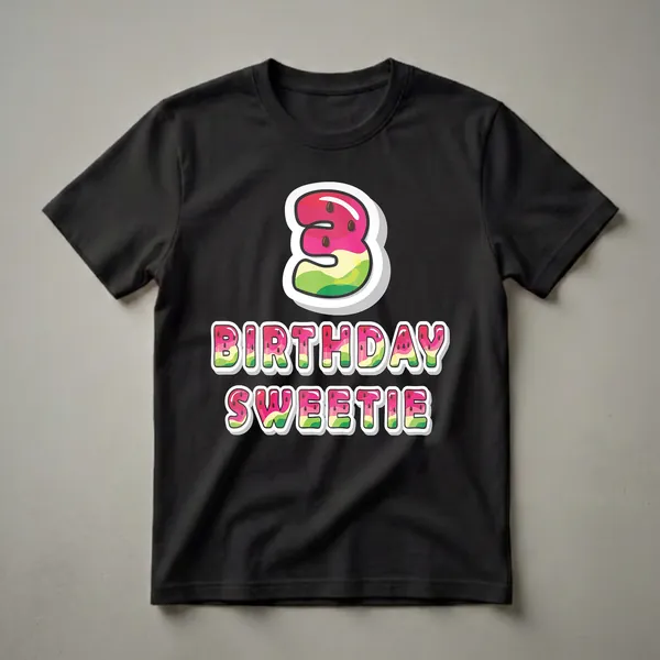 A graphic t-shirt design featuring a large number '3' and the words 'BIRTHDAY SWEETIE' in a watermelon theme with pink, green, and yellow colors and dark seeds.