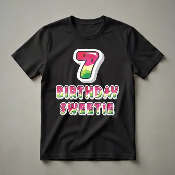 White t-shirt with a graphic design featuring the number 7 and the words "BIRTHDAY SWEETIE" in a watermelon pattern.