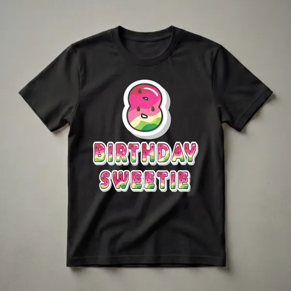 A graphic t-shirt design featuring a large number 8 shaped like a watermelon slice, with the words BIRTHDAY SWEETIE below it, all in a watermelon theme.