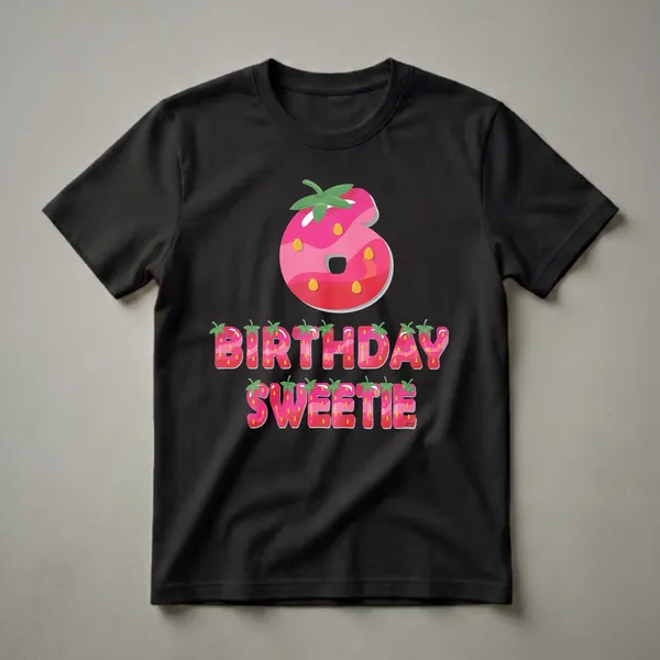 A graphic t-shirt design featuring a large strawberry-shaped number 6 and the words BIRTHDAY SWEETIE, with all elements styled as strawberries with green stems and yellow seeds.