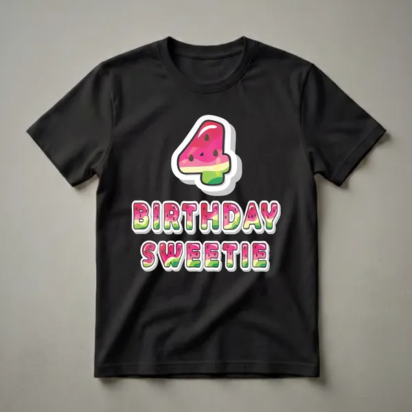 A graphic t-shirt design featuring a large number '4' and the words 'BIRTHDAY SWEETIE', all rendered in a watermelon theme with pink, green, and yellow colors and dark seeds.