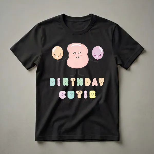 A white t-shirt featuring a kawaii illustration of a pink blob character holding orange and purple balloons, with pastel letters spelling "BIRTHDAY CUTIE" below.