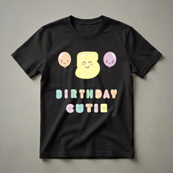 A graphic t-shirt design featuring a yellow number 5 character with smiling face, two kawaii balloons, and the words 'BIRTHDAY CUTIE' spelled out by colorful, smiling letters.