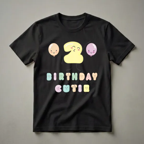 A graphic t-shirt featuring a yellow kawaii number 2 with arms and legs, two smiling balloons, and the words "BIRTHDAY CUTIE" spelled out in colorful, smiling letters.