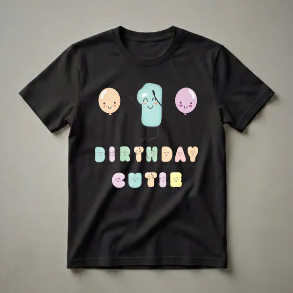 A light blue t-shirt with a kawaii design featuring a smiling number '1' character, pastel balloons, and the words 'BIRTHDAY CUTIE' in colorful, happy letters.