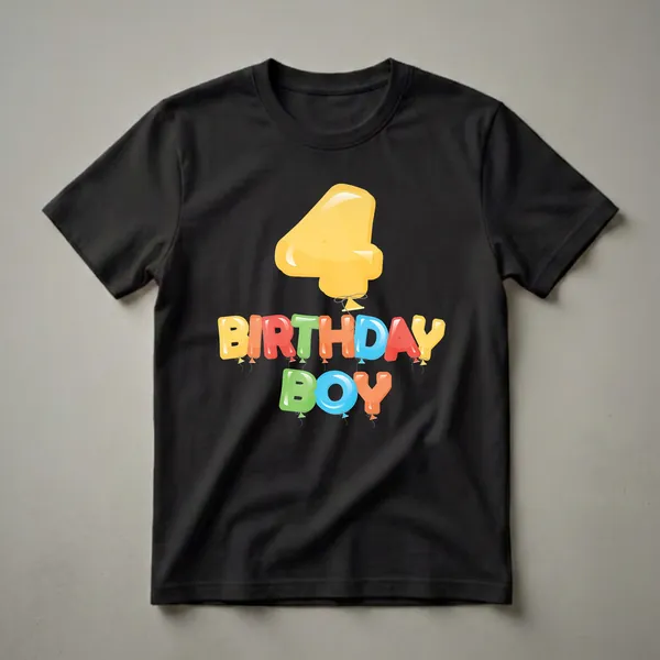 A graphic t-shirt design featuring a yellow balloon shaped like the number 4, with the words 'BIRTHDAY BOY' below it in colorful, balloon-style letters.