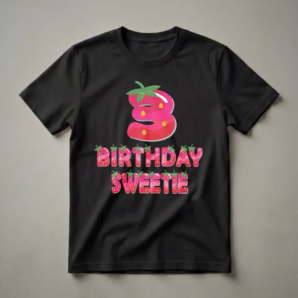A pink and red graphic t-shirt design featuring a strawberry-shaped number 3 and the words 'BIRTHDAY SWEETIE' in strawberry-themed letters, on a black background.
