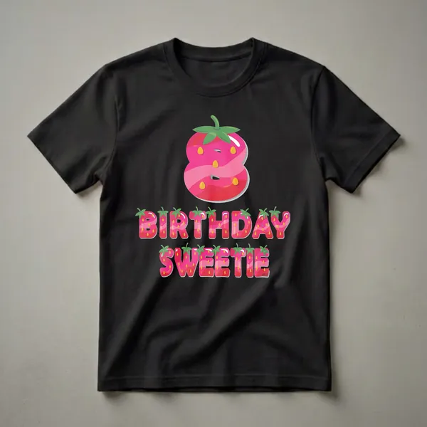 A graphic design for a t-shirt featuring a large pink and red strawberry-shaped number 8 above the words BIRTHDAY SWEETIE, with each letter also styled as a strawberry.