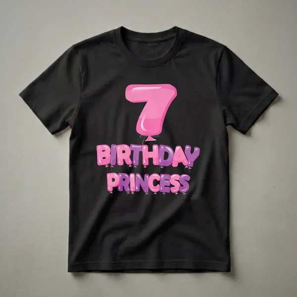 A graphic t-shirt design featuring a large pink balloon number 7 above the words BIRTHDAY PRINCESS in pink and purple balloon letters.