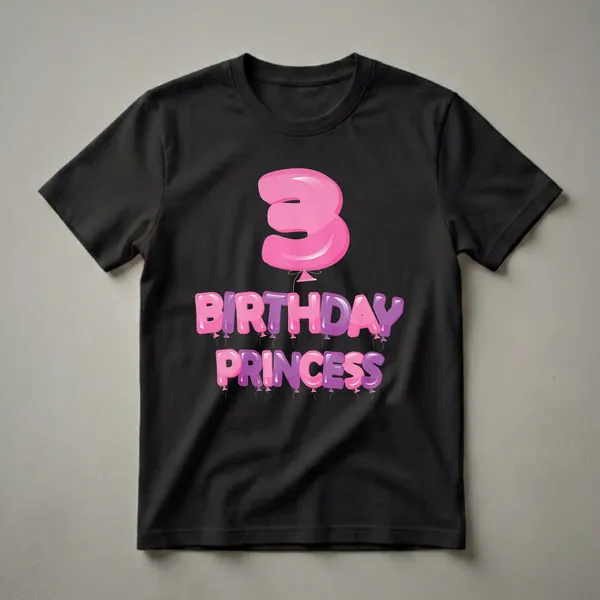 Pink and purple balloon graphic t-shirt for a 3rd birthday princess, featuring the number 3 and the words "BIRTHDAY PRINCESS" in a balloon font.