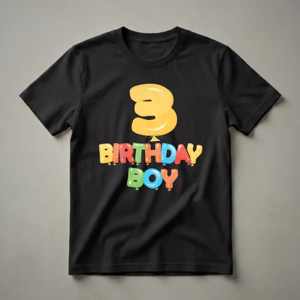 A black t-shirt graphic featuring a large yellow balloon number 3 above colorful balloon letters spelling "BIRTHDAY BOY".