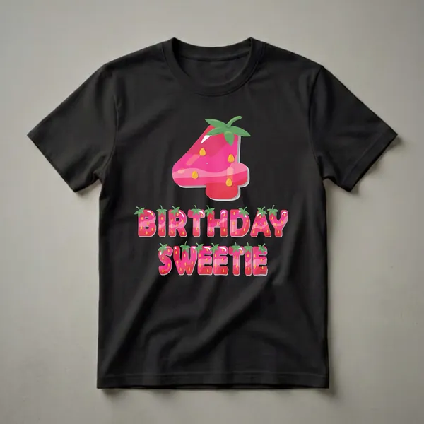 A graphic t-shirt design featuring a large strawberry-shaped number 4 and the words "BIRTHDAY SWEETIE" in strawberry-themed letters, suitable for a 4-year-old girl's birthday.