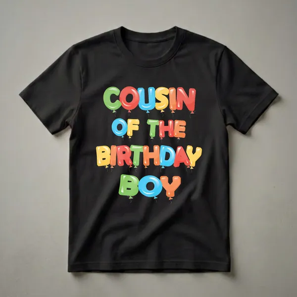 A graphic t-shirt featuring the words 'COUSIN OF THE BIRTHDAY BOY' in colorful, glossy balloon letters against a black background.