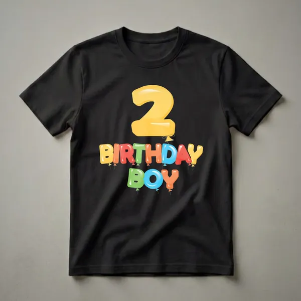 Black t-shirt with a glossy yellow balloon number '2' above 'BIRTHDAY BOY' in multicolor balloon-shaped letters with strings and pennant flags.
