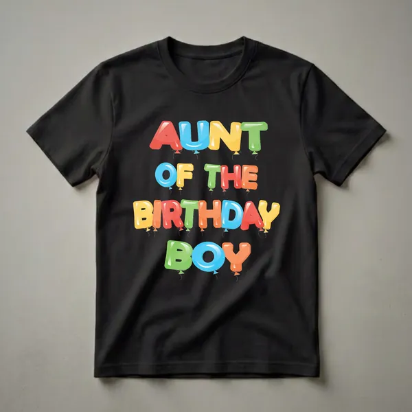 A t-shirt graphic with colorful balloon letters that spell out 'Aunt of the Birthday Boy' in red, blue, yellow, green, and orange.