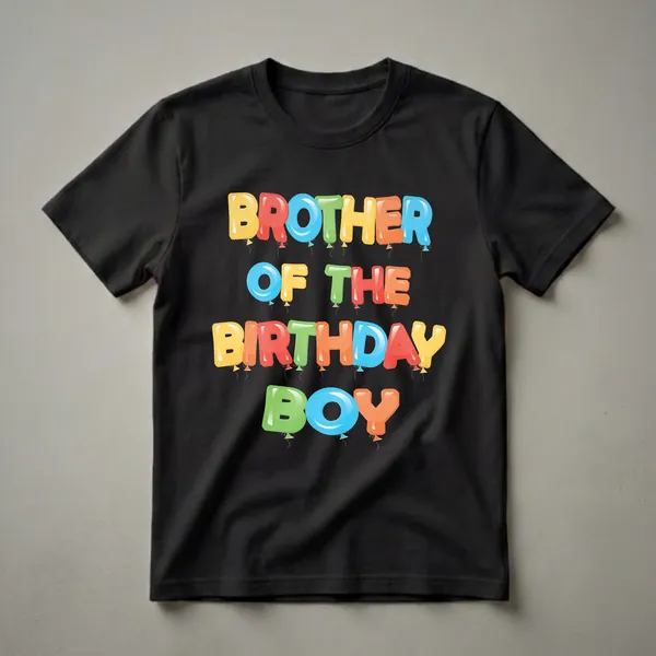 A black t-shirt with the words 'BROTHER OF THE BIRTHDAY BOY' printed in colorful, glossy balloon-shaped letters.