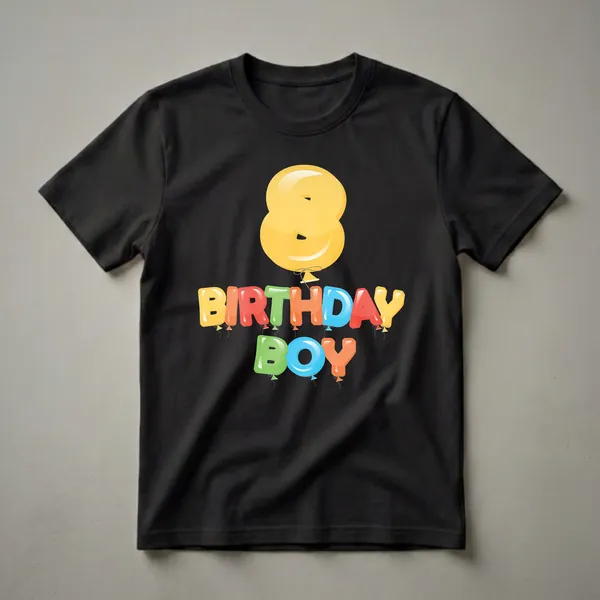 Black t-shirt with a large yellow balloon graphic above colorful balloon letters spelling 'BIRTHDAY BOY'.