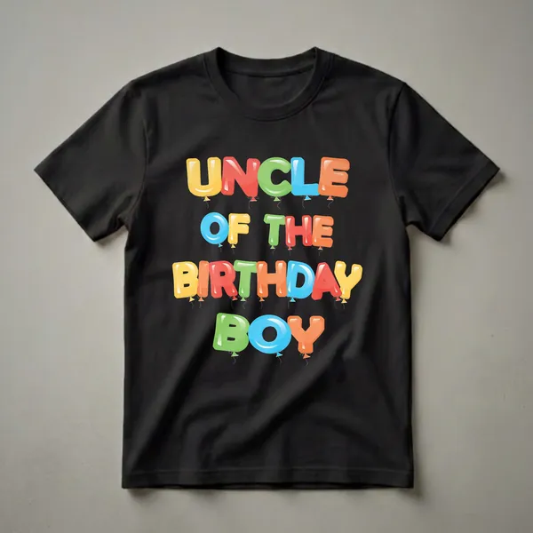 Black t-shirt with colorful balloon letters spelling 'UNCLE OF THE BIRTHDAY BOY'.