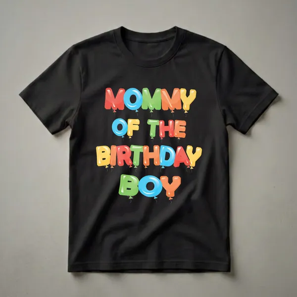 A black t-shirt featuring the text 'Mommy Of The Birthday Boy' in colorful, balloon-shaped letters with strings and tassels.