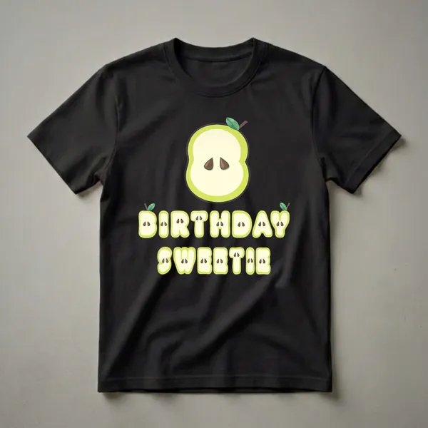 Green and yellow apple-themed graphic t-shirt with the number 8 and the words "BIRTHDAY SWEETIE" for an 8-year-old girl's birthday.