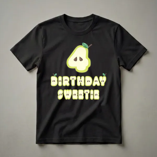 A black t-shirt graphic featuring a pear slice shaped like the number 4 above the words BIRTHDAY SWEETIE, with all elements styled as pear slices.