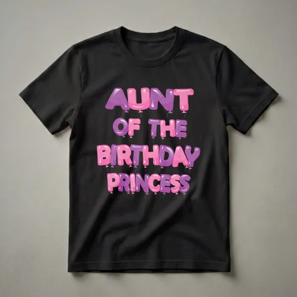 Aunt Of The Birthday Princess t-shirt featuring pink and purple balloon-shaped letters with strings and bows, on a white background.