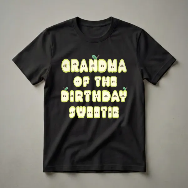 Black t-shirt with the words 'GRANDMA OF THE BIRTHDAY SWEETIE' in large, light green letters designed to look like apple slices with brown seeds. Small green apple leaves and stems are visible.