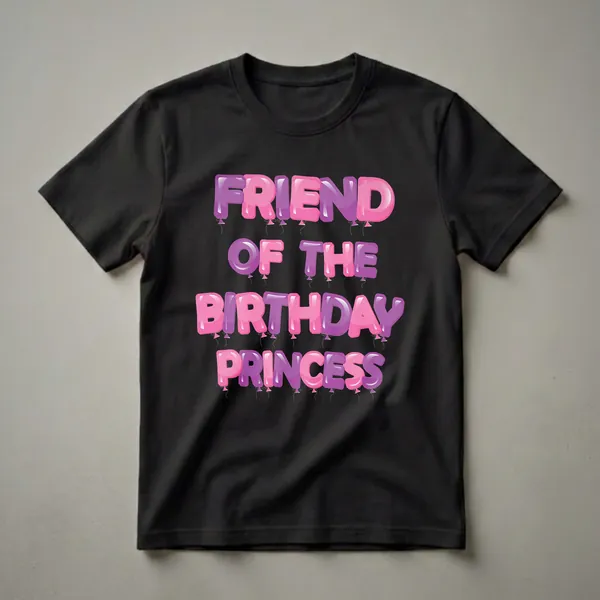 Pink and purple balloon letters spelling 'FRIEND OF THE BIRTHDAY PRINCESS' on a black background.