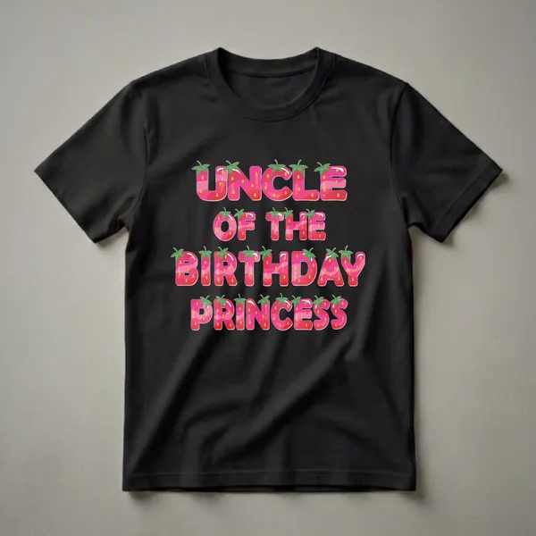 Black t-shirt with pink and red strawberry-themed letters spelling 'Uncle Of The Birthday Princess'.