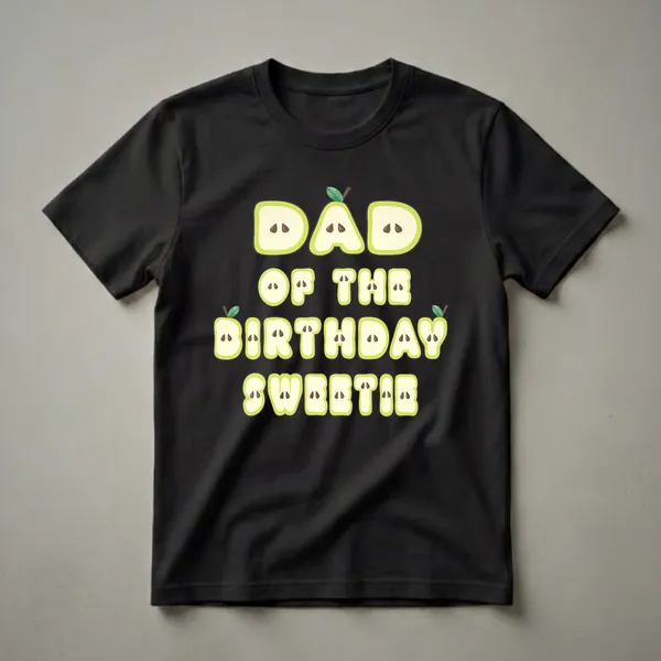 Black t-shirt with green and cream letters that look like pear slices spelling 'DAD OF THE BIRTHDAY SWEETIE'.