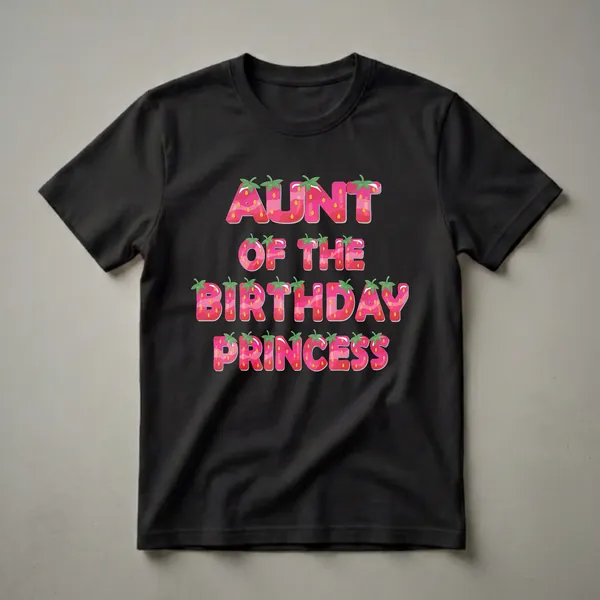 Pink strawberry-themed letters spelling 'AUNT OF THE BIRTHDAY PRINCESS' on a black t-shirt.