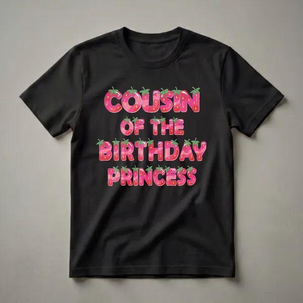 A black t-shirt featuring the text 'COUSIN OF THE BIRTHDAY PRINCESS' in large, bold letters designed to look like strawberries with green leafy tops and yellow seeds.