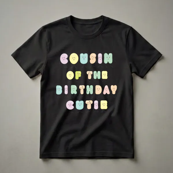 Black t-shirt with the phrase 'Cousin Of The Birthday Cutie' written in colorful, kawaii-style letters with smiling faces and arms.