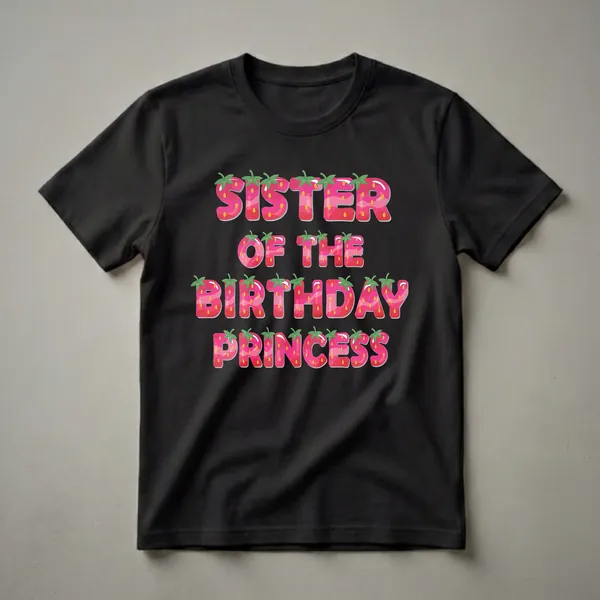 Black t-shirt with the words 'Sister Of The Birthday Princess' written in large, bold letters designed to look like strawberries with green tops and yellow seeds.