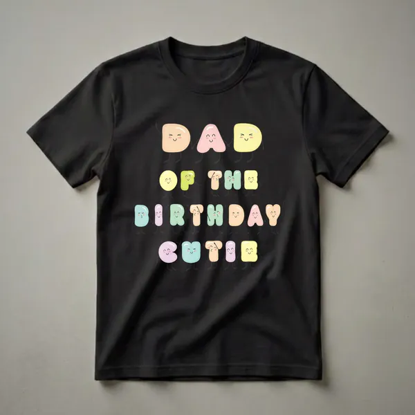 Black t-shirt with the phrase 'Dad Of The Birthday Cutie' written in colorful, kawaii-style letters, each with a smiling face and arms.