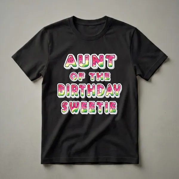 White t-shirt with bold, colorful letters spelling 'Aunt of the Birthday Sweetie', designed to look like watermelon slices with black seeds.